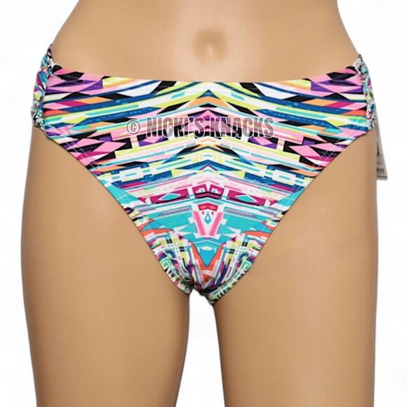 Kenneth Cole Bikini Bottom Tribal Print Shirred Hipster Sash Tab Swimwear Size L - Picture 2 of 9